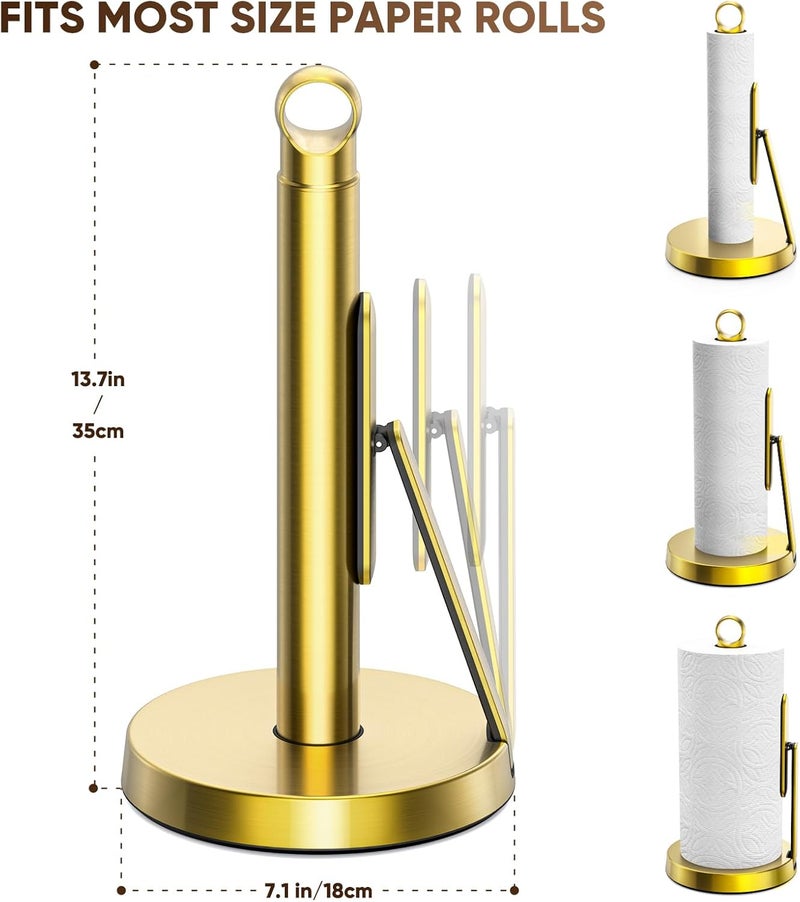 theaoo Heavy-Duty Stainless Steel Paper Towel Holder with Tension Arm – Easy One-Handed Tear, Modern Standing Countertop Dispenser for Kitchen, Holds All Paper Towel Rolls (1, Gold) - Image 3